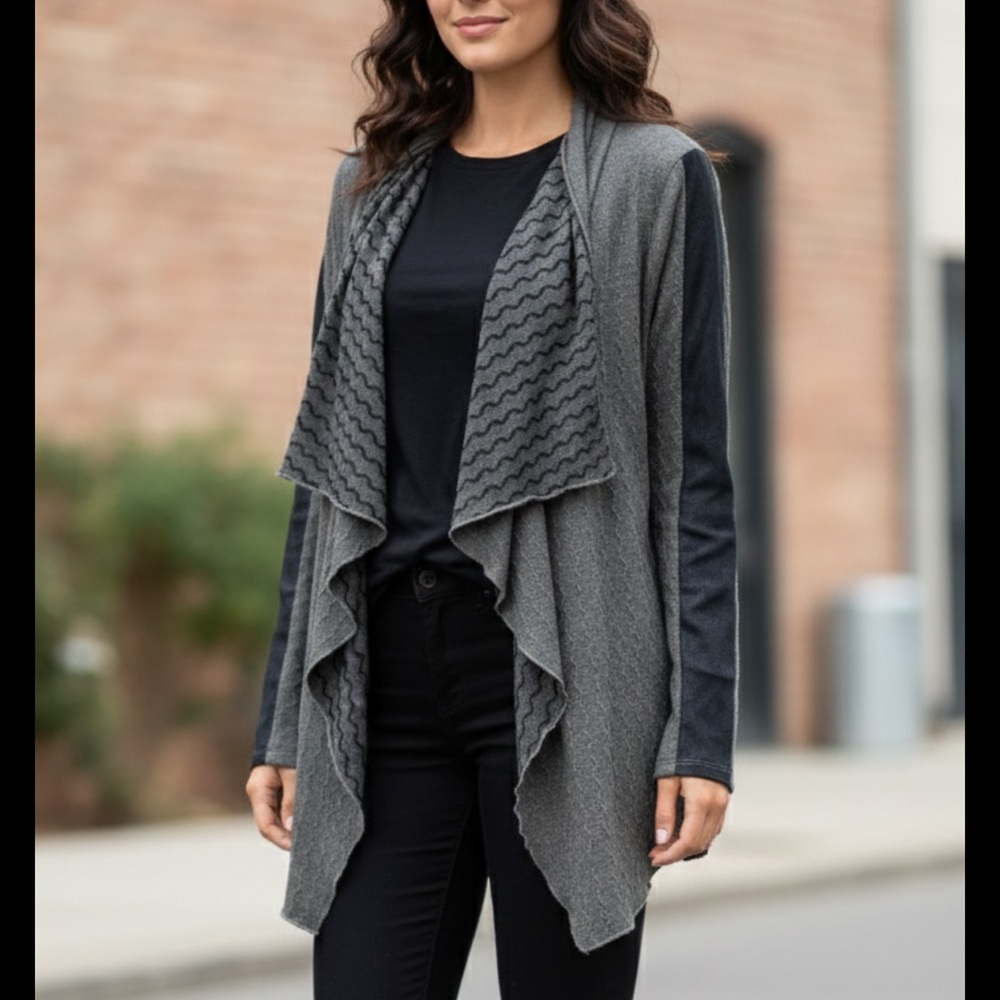 Hem and thread open draped cardigan Dark Gray Soft Jersey Mixmedia Academia